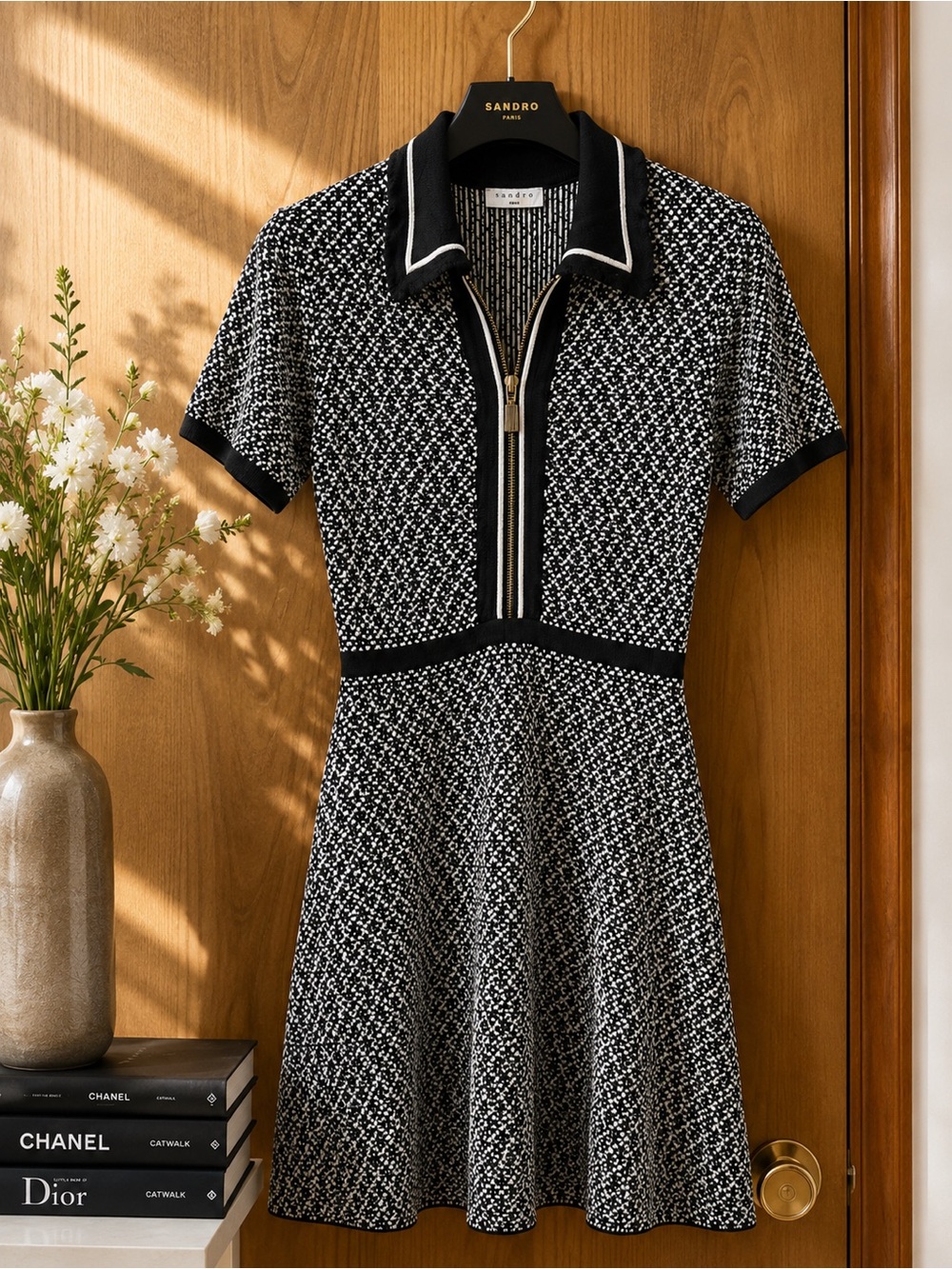 Sandro Black & White Short-Sleeve Knit Polo Mini Dress